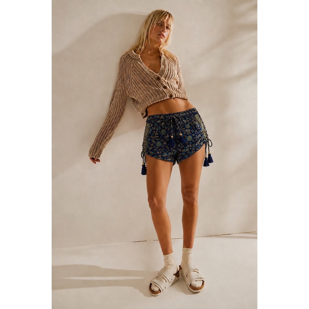 Anthropologie Raga Sapphire Blue Floral Paisley Tassel Drawstring Shorts‎ XS NWT